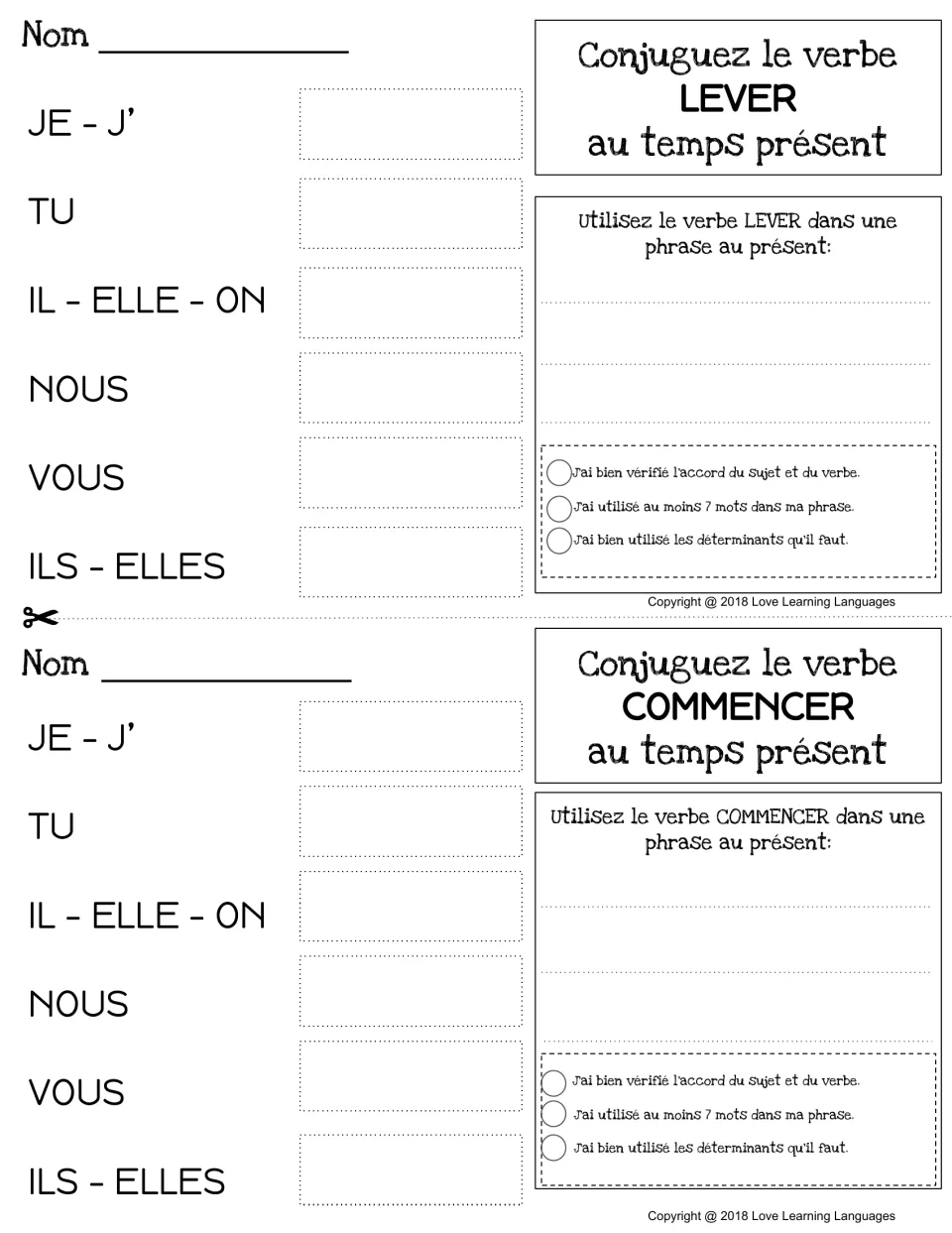 Lever and commencer in the present: students conjugate both verbs across all pronouns and compose a sentence with each