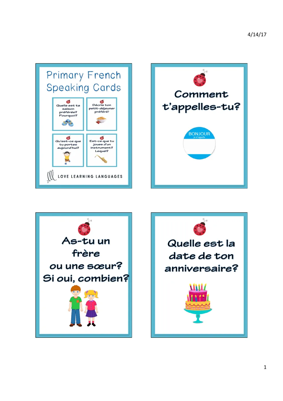 French speaking cards cover with first cards: Comment t'appelles-tu? (What's your name?) and two more questions