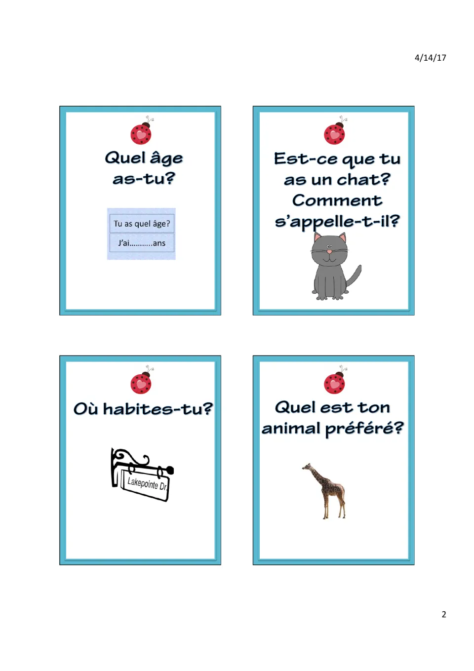 Speaking cards: Quel âge as-tu? (How old are you?), Où habites-tu? (Where do you live?), cat and favorite animal
