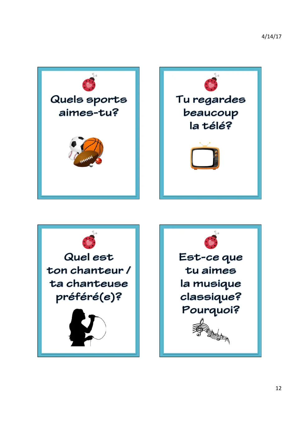 Cards: Quels sports aimes-tu? (What sports do you like?), watching TV, favorite singer and classical music