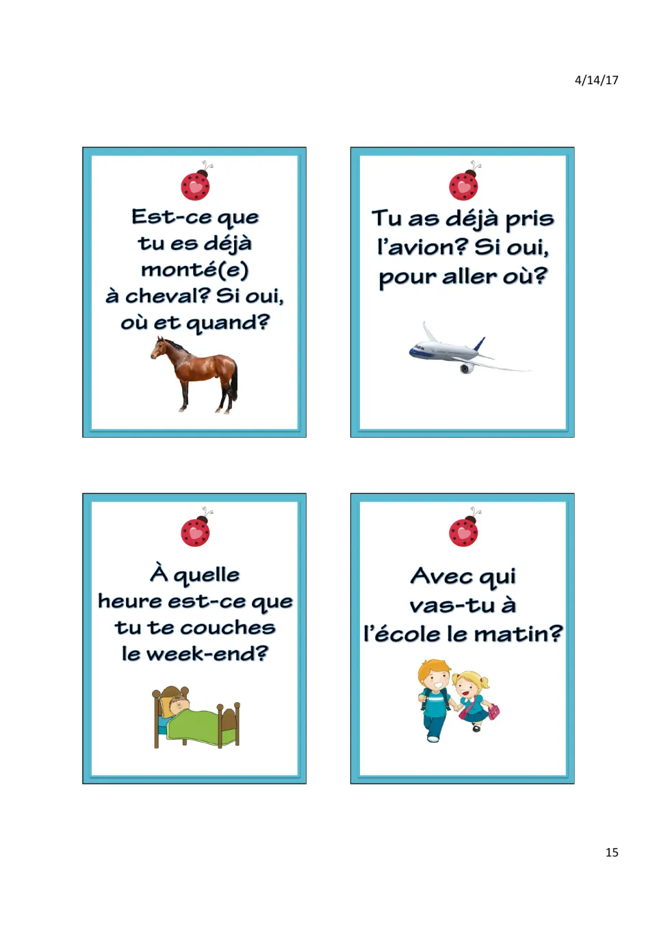 Cards: Tu as déjà pris l'avion? (Have you flown?), horse riding, weekend bedtime and who you go to school with
