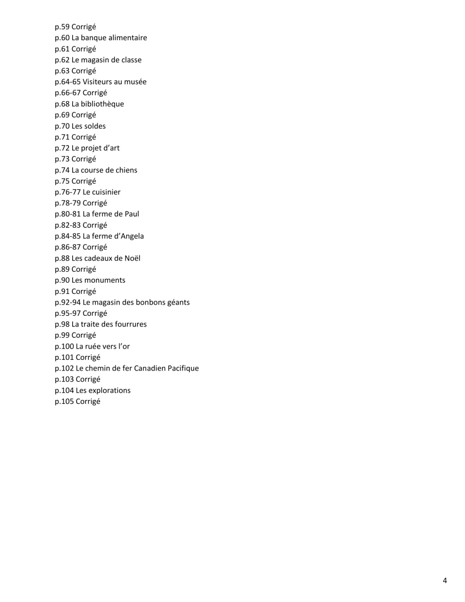 Table of contents continued: word problems such as La banque alimentaire and La ruée vers l'or, each followed by a corrigé