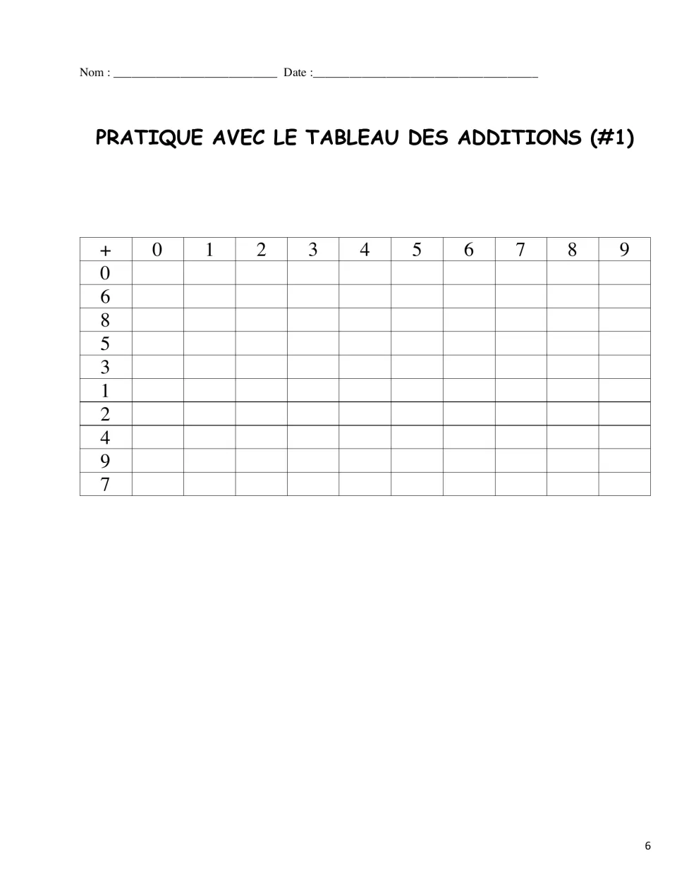 Blank addition table practice #1: students fill in sums for 0 to 9 across the top with rows given in mixed order