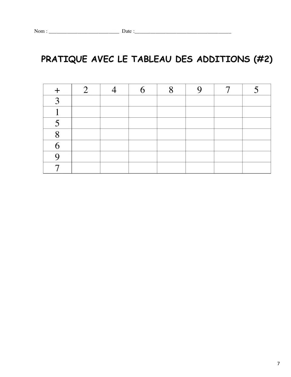 Addition table practice #2: students complete sums for mixed-order rows 3, 1, 5, 8, 6, 9, 7 and columns 2 to 9
