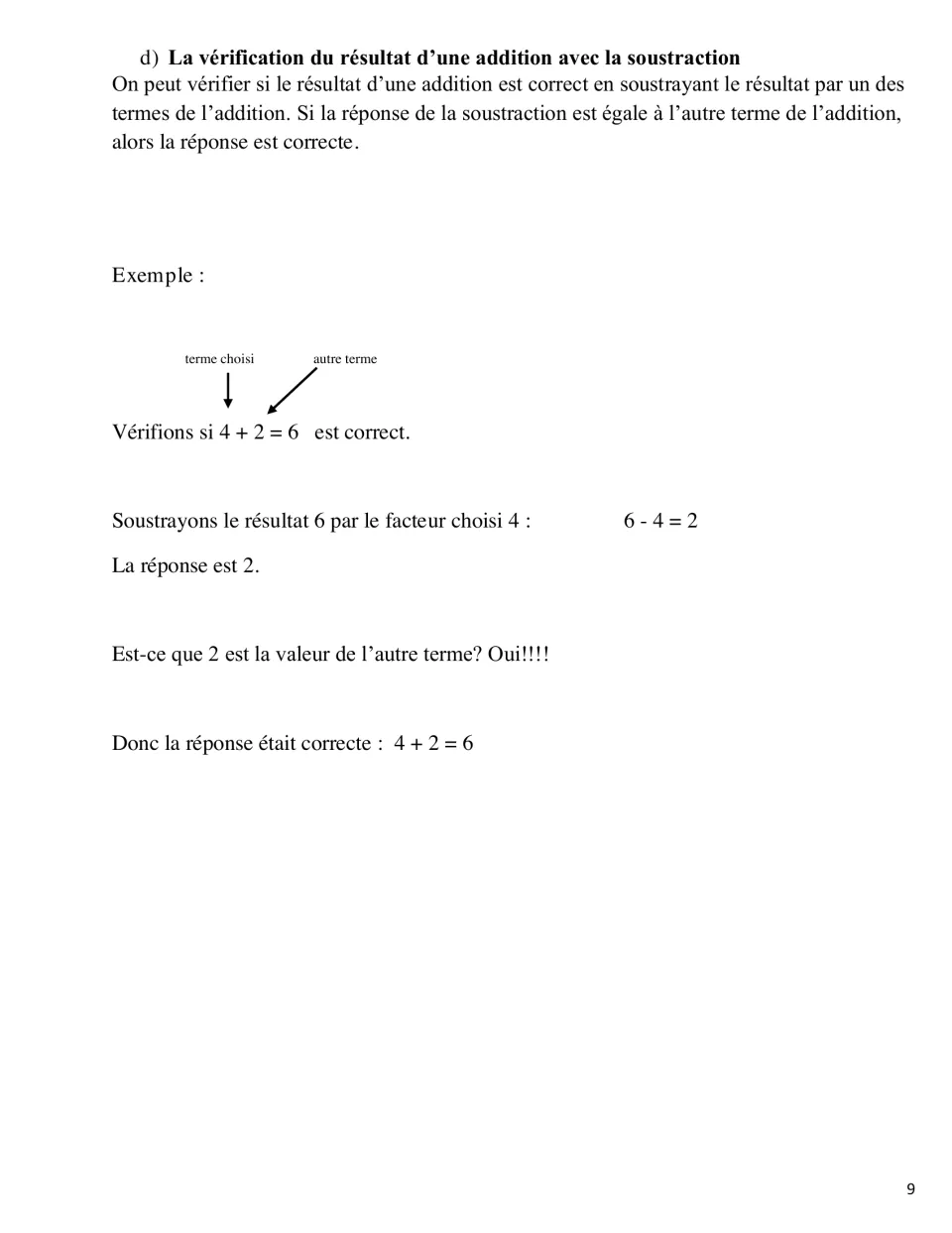 Checking an addition with subtraction: worked French example verifying 4 + 2 = 6 by computing 6 - 4 = 2