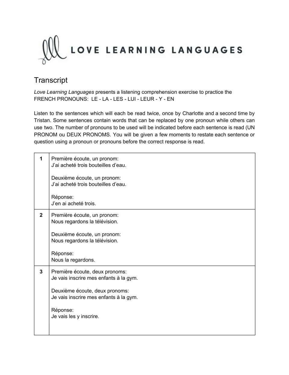 Transcript directions: restate each sentence using le, la, les, lui, leur, y or en; sentences 1–3 with answers