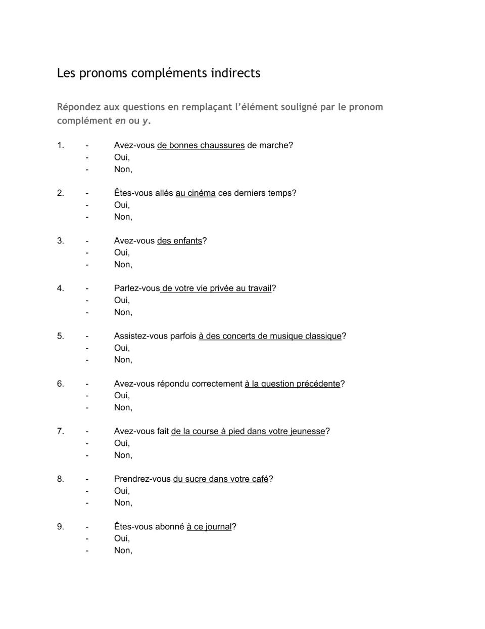 French y and en practice, questions 1–9: answer yes and no about hiking shoes, movies, children, and more.
