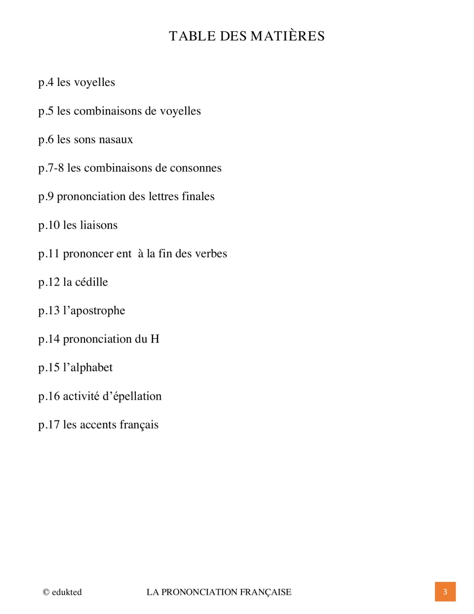 Pronunciation book contents listing vowels, nasal sounds, consonant combinations, liaisons, and spelling