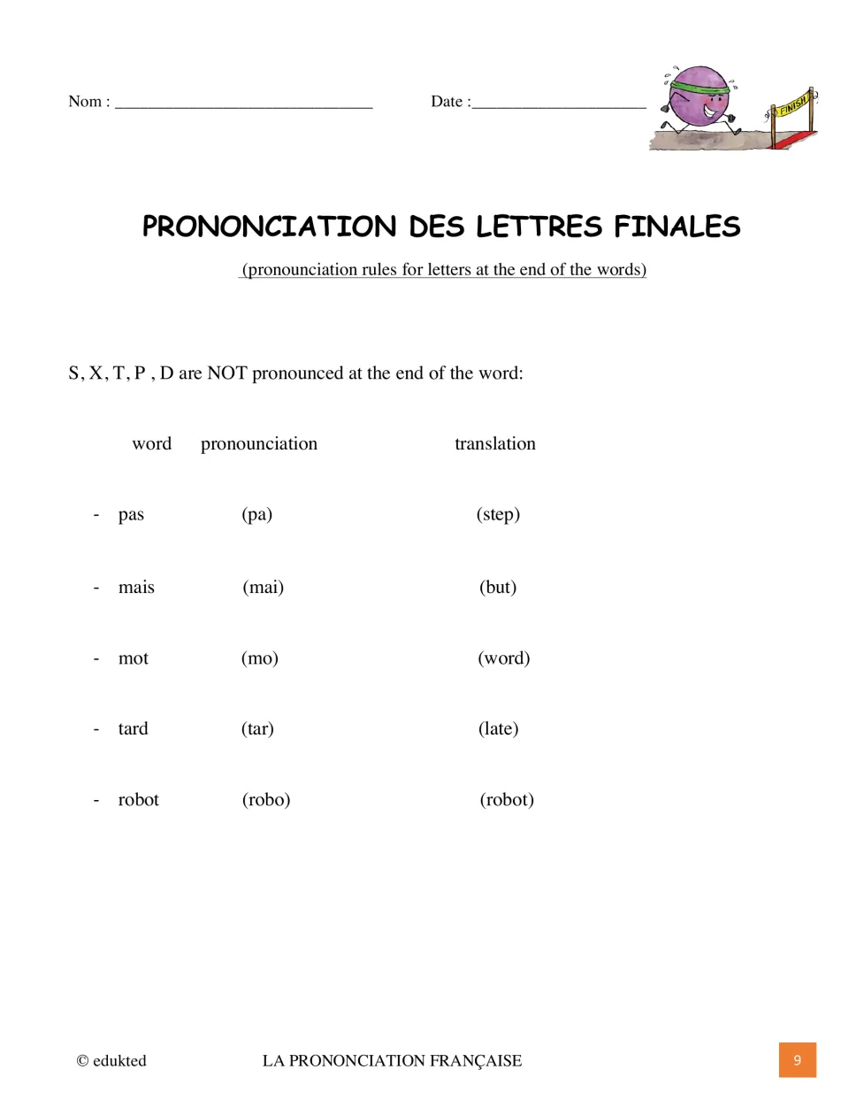 Final-letter pronunciation reference sheet listing silent S, X, T, P, D and examples pas, mais, mot, tard, robot