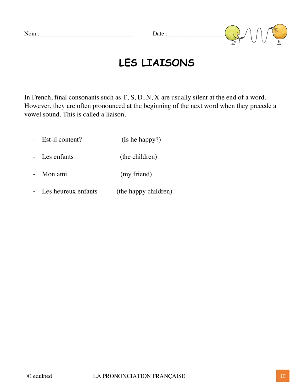 Liaison reference sheet explaining linked consonant sounds with les enfants (the children) and other examples