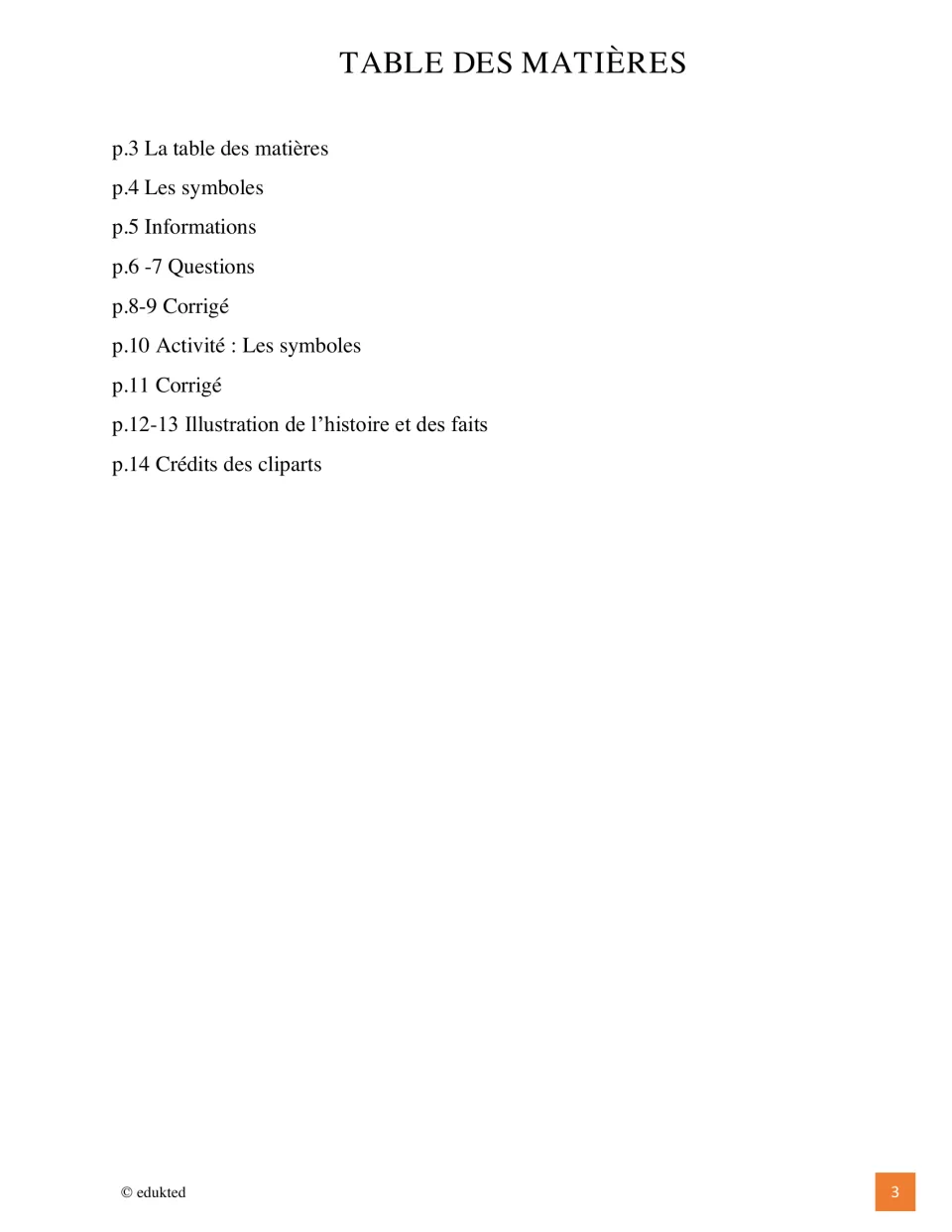 Table of contents for the Québec resource, listing symbols, information, questions, answers, and illustrations