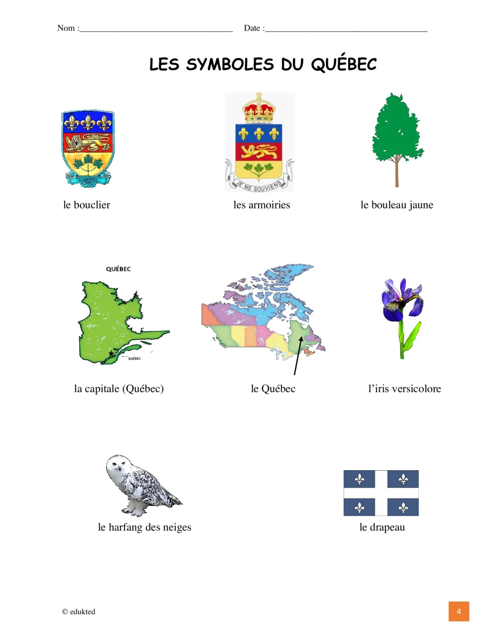 Québec symbol reference sheet with French labels for the flag, snowy owl, yellow birch, blue flag iris, and maps
