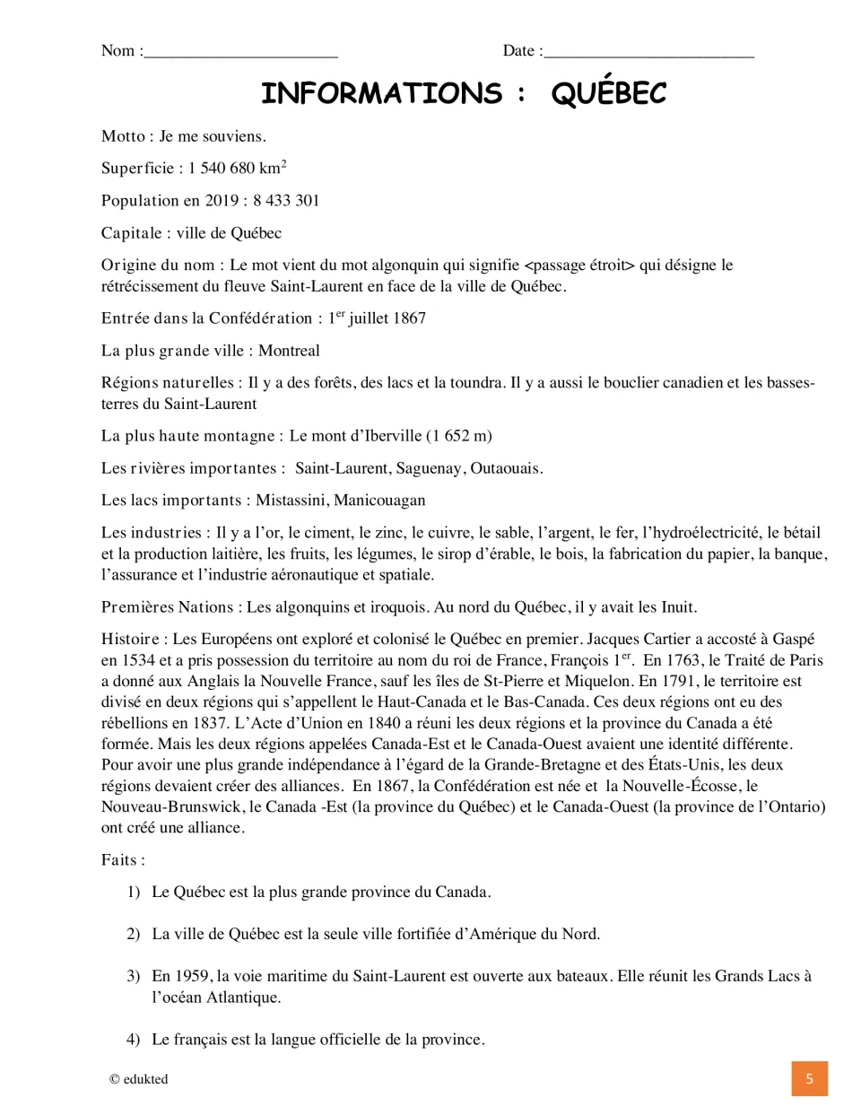 French information sheet about Québec's motto, geography, 2019 population, industries, history, and Confederation