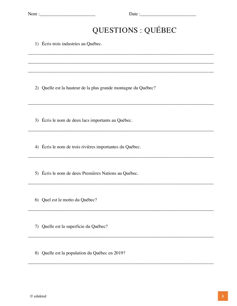 Québec questions 1–8 in French cover industries, mountain height, lakes, rivers, First Nations, and population