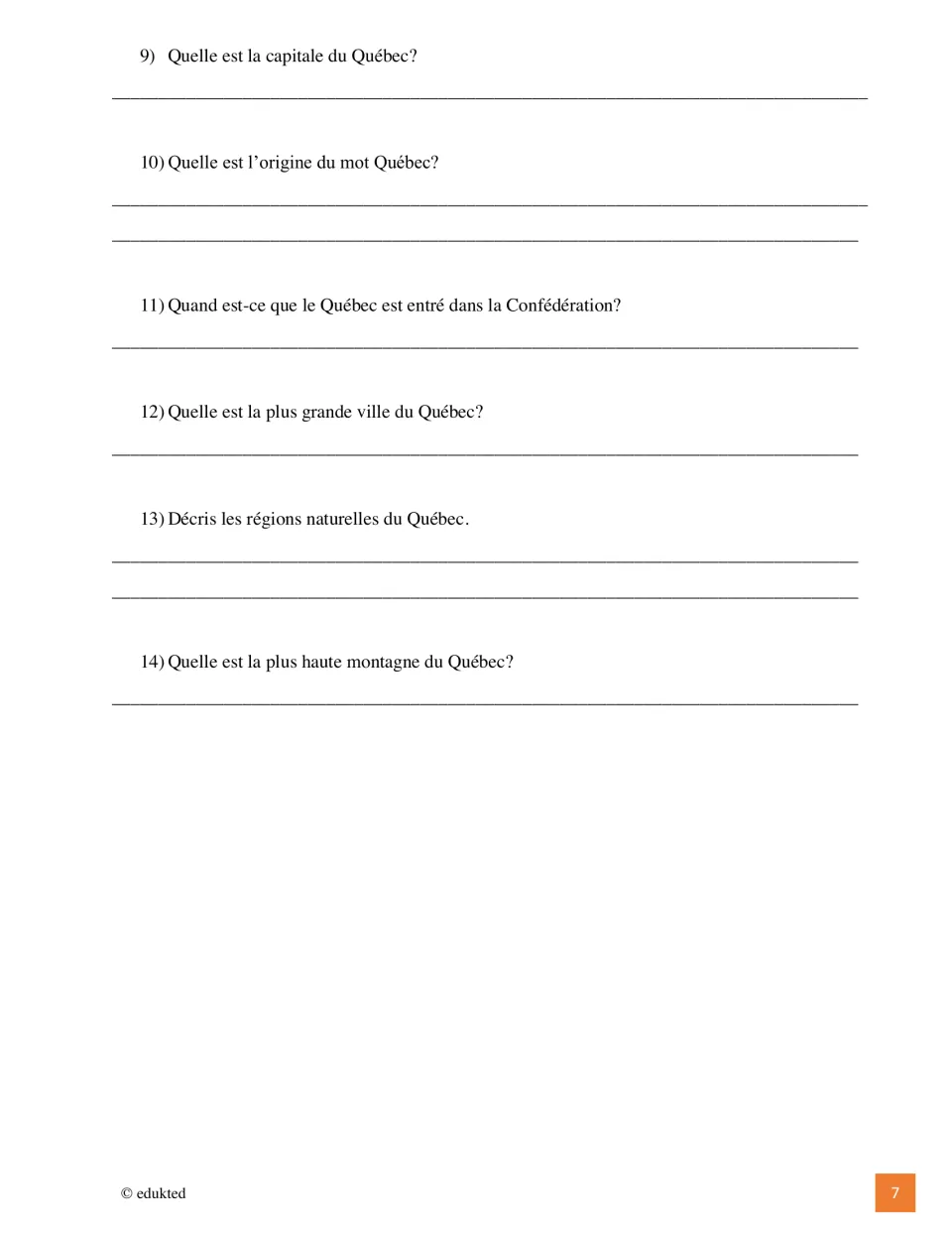 Québec questions 9–14 in French ask about its capital, name origin, Confederation, cities, regions, and mountain