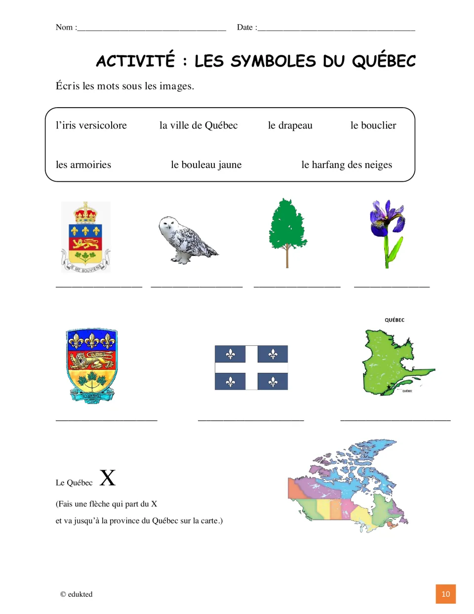 Québec symbol activity asks students to label seven pictures using French words and locate Québec on a Canada map