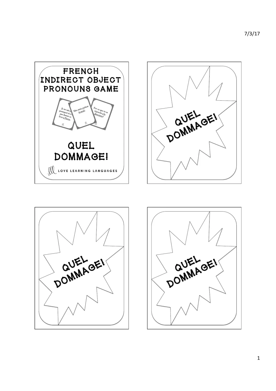 French pronoun game title card and three “Quel dommage!” (What a shame!) cards for the card game