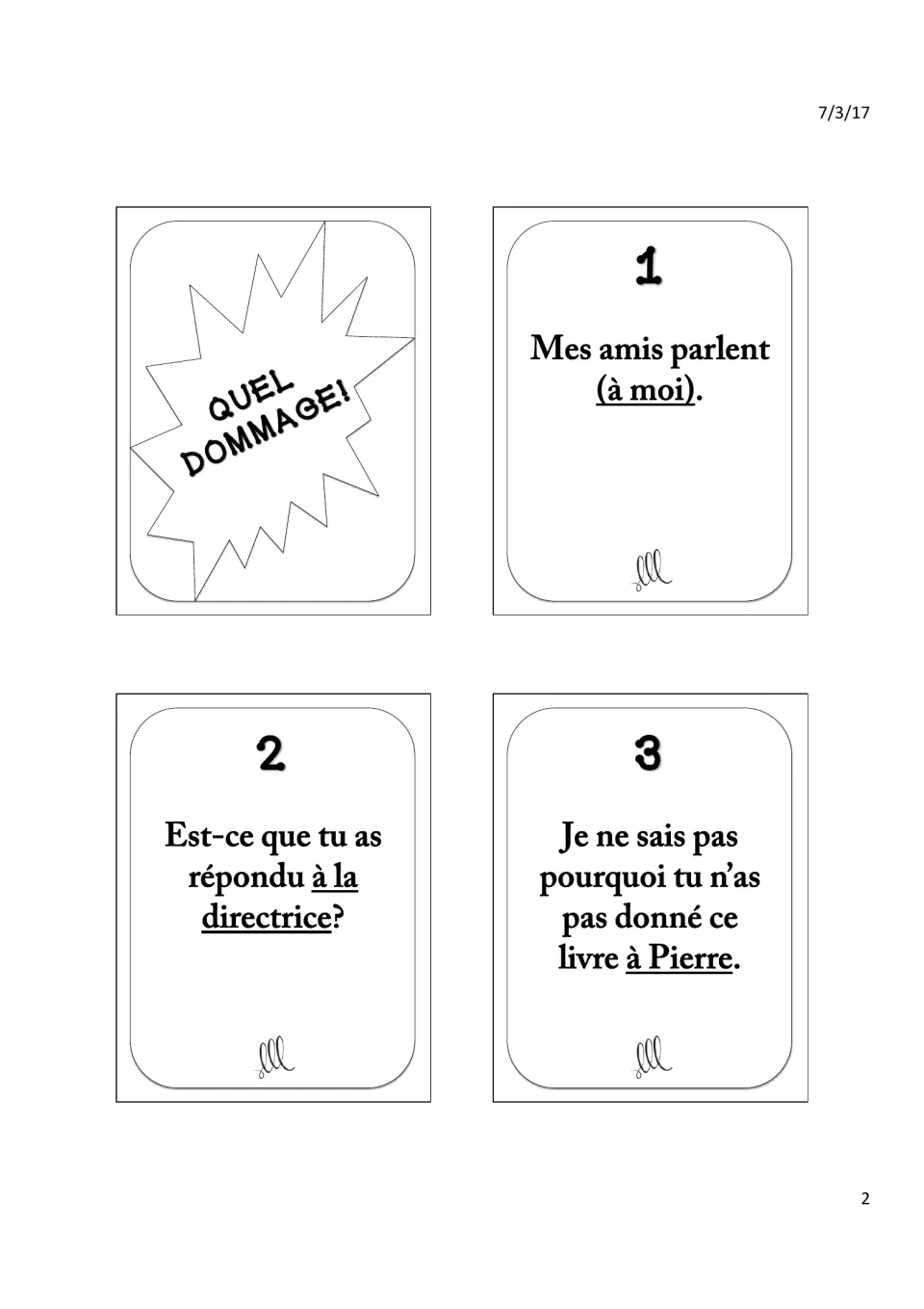 French indirect object pronoun cards 1–3 about friends, a principal, and Pierre, plus a “Quel dommage!” card