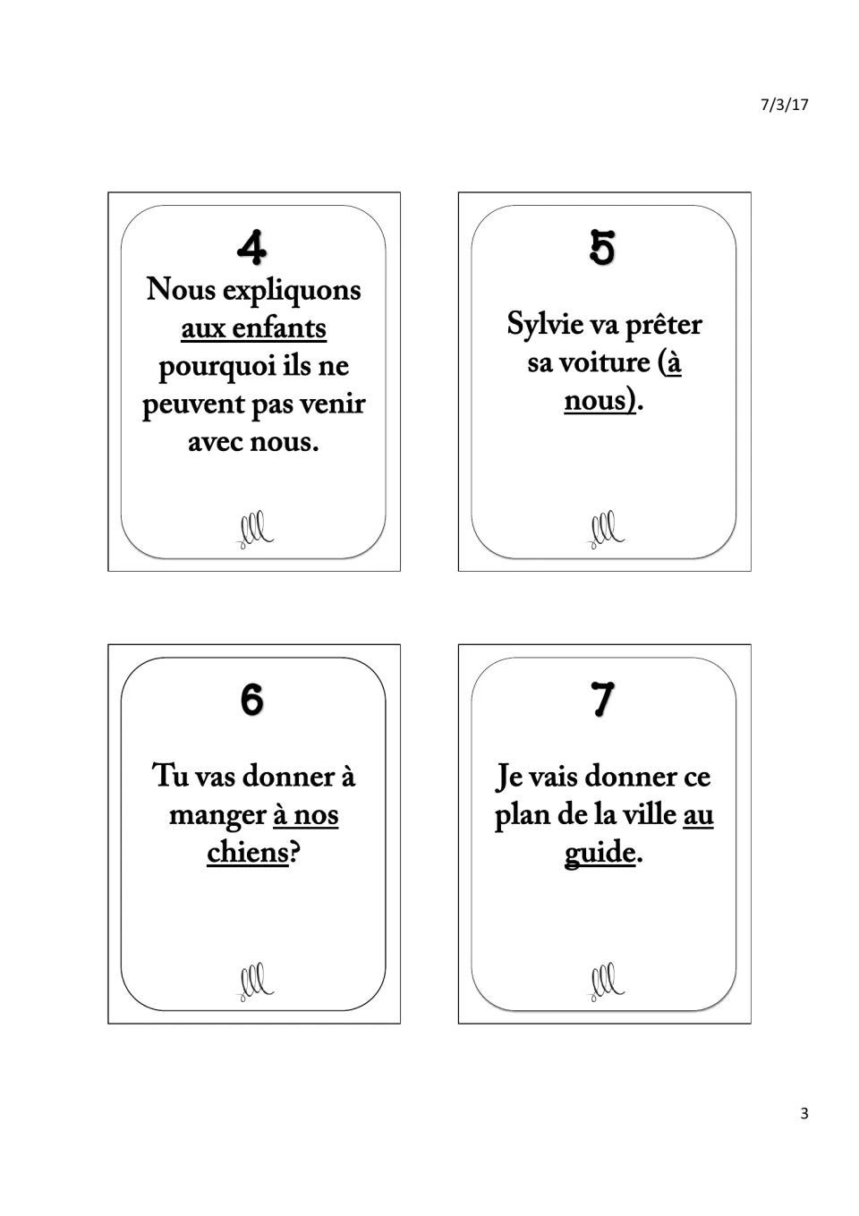 French indirect object pronoun cards 4–7: explaining to children, lending a car, feeding dogs, giving a map