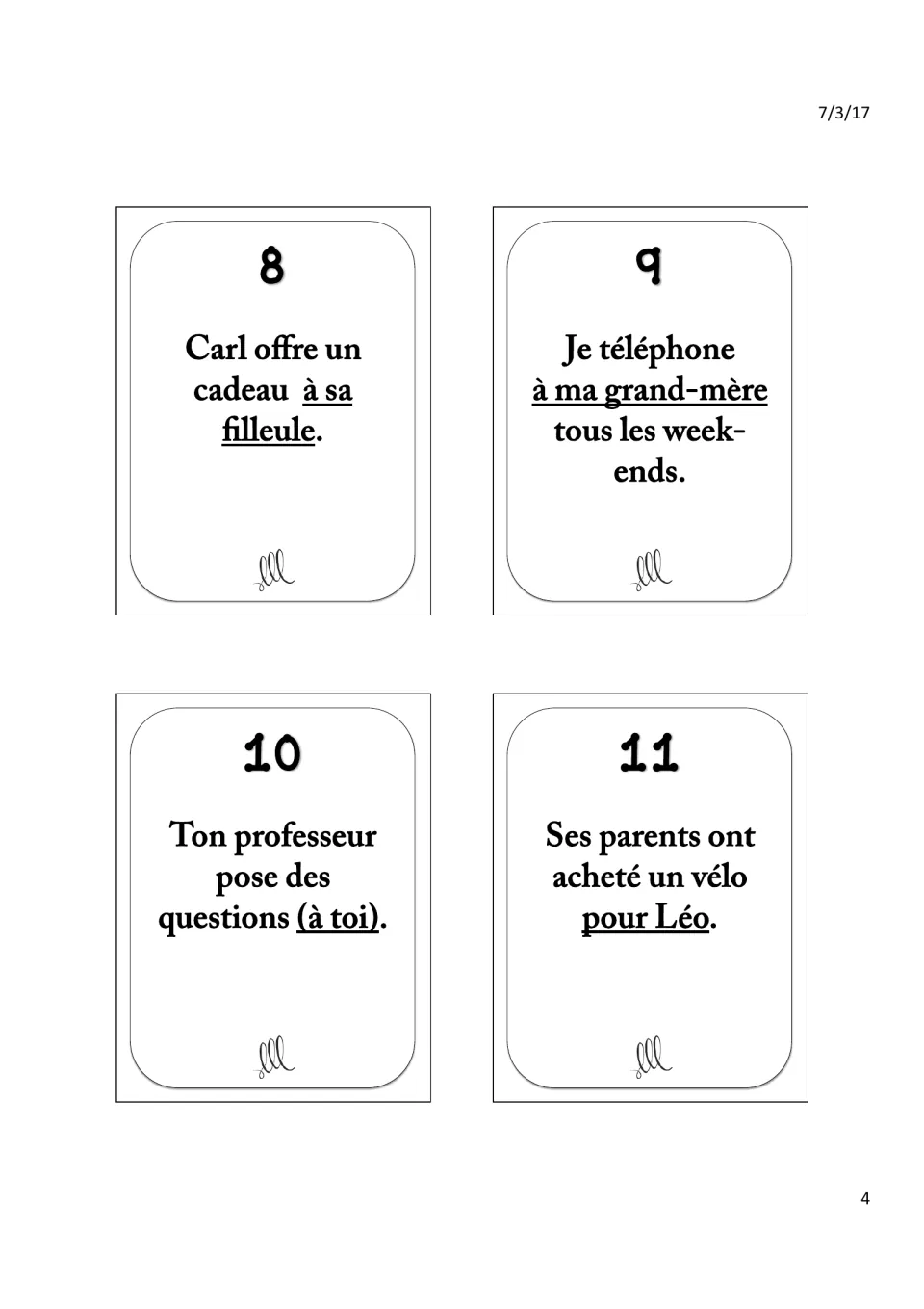 French indirect object pronoun cards 8–11: a gift, calls to a grandmother, teacher questions, and Léo’s bike