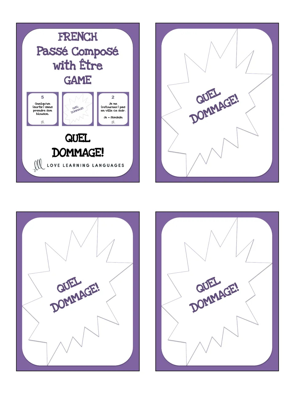 French passé composé with être game title card and three “Quel dommage!” (What a shame!) game cards