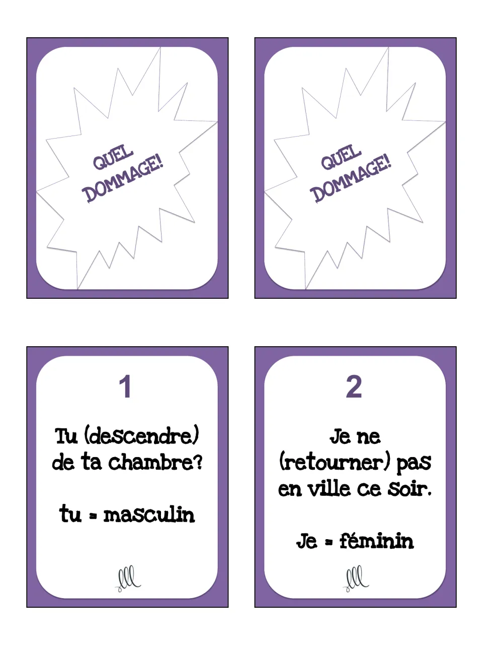 Two “Quel dommage!” (What a shame!) game cards and task cards 1–2 using descendre and retourner