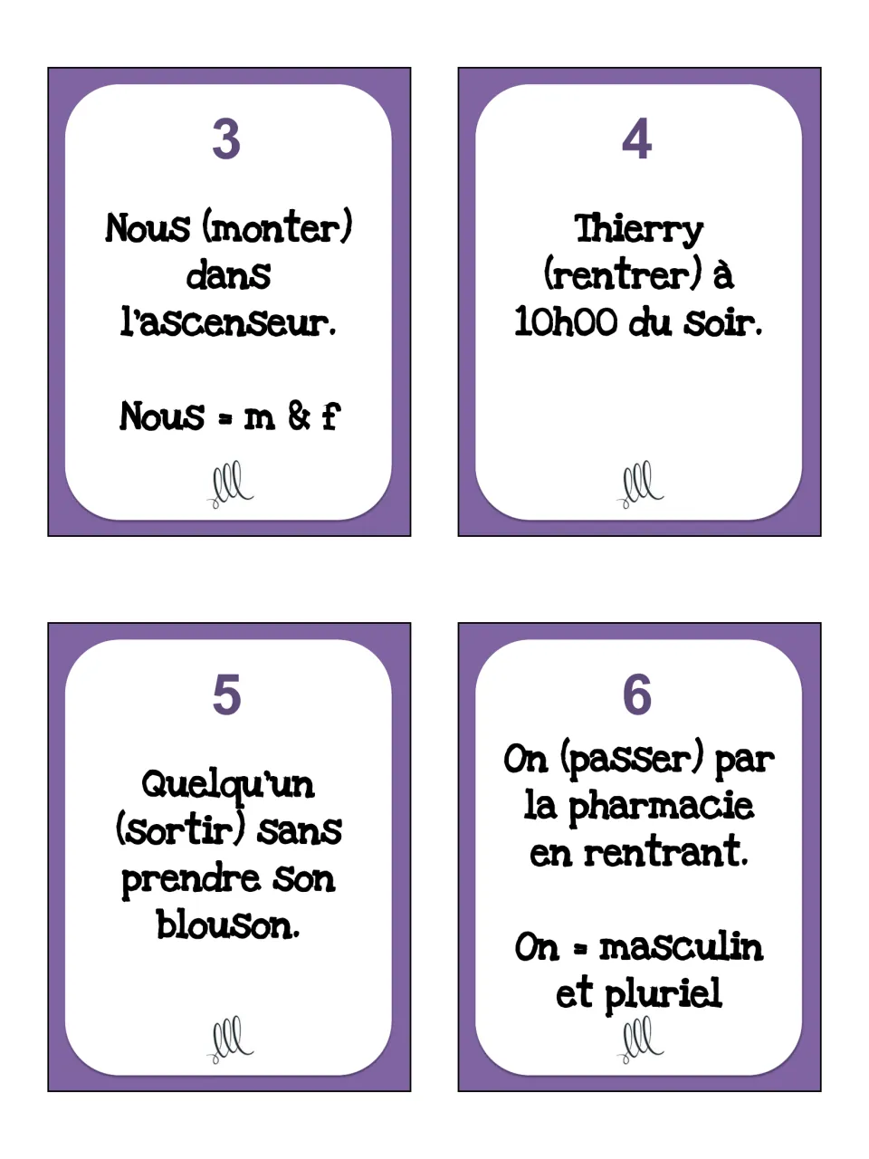 Passé composé task cards 3–6: monter, rentrer, sortir, and passer, with gender and number cues