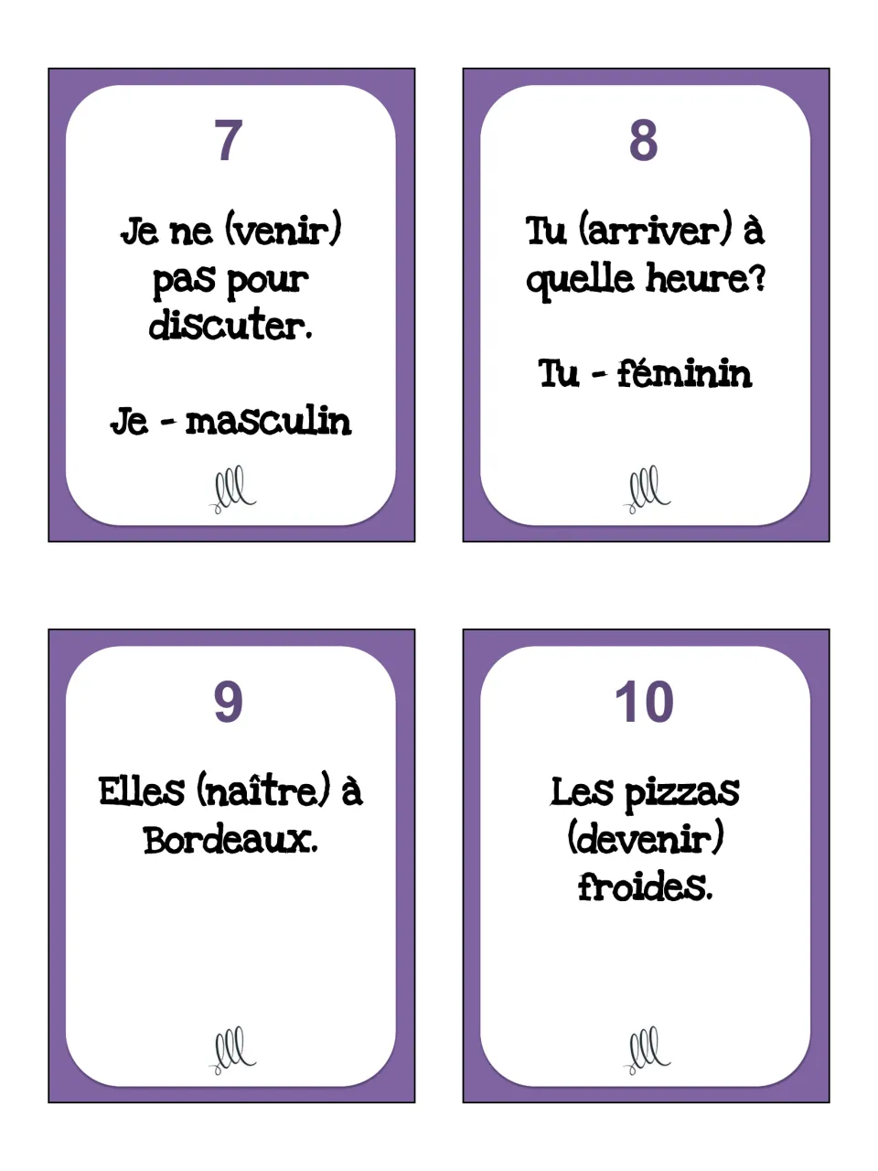 Passé composé task cards 7–10: venir (come), arriver (arrive), naître (be born), and devenir (become)