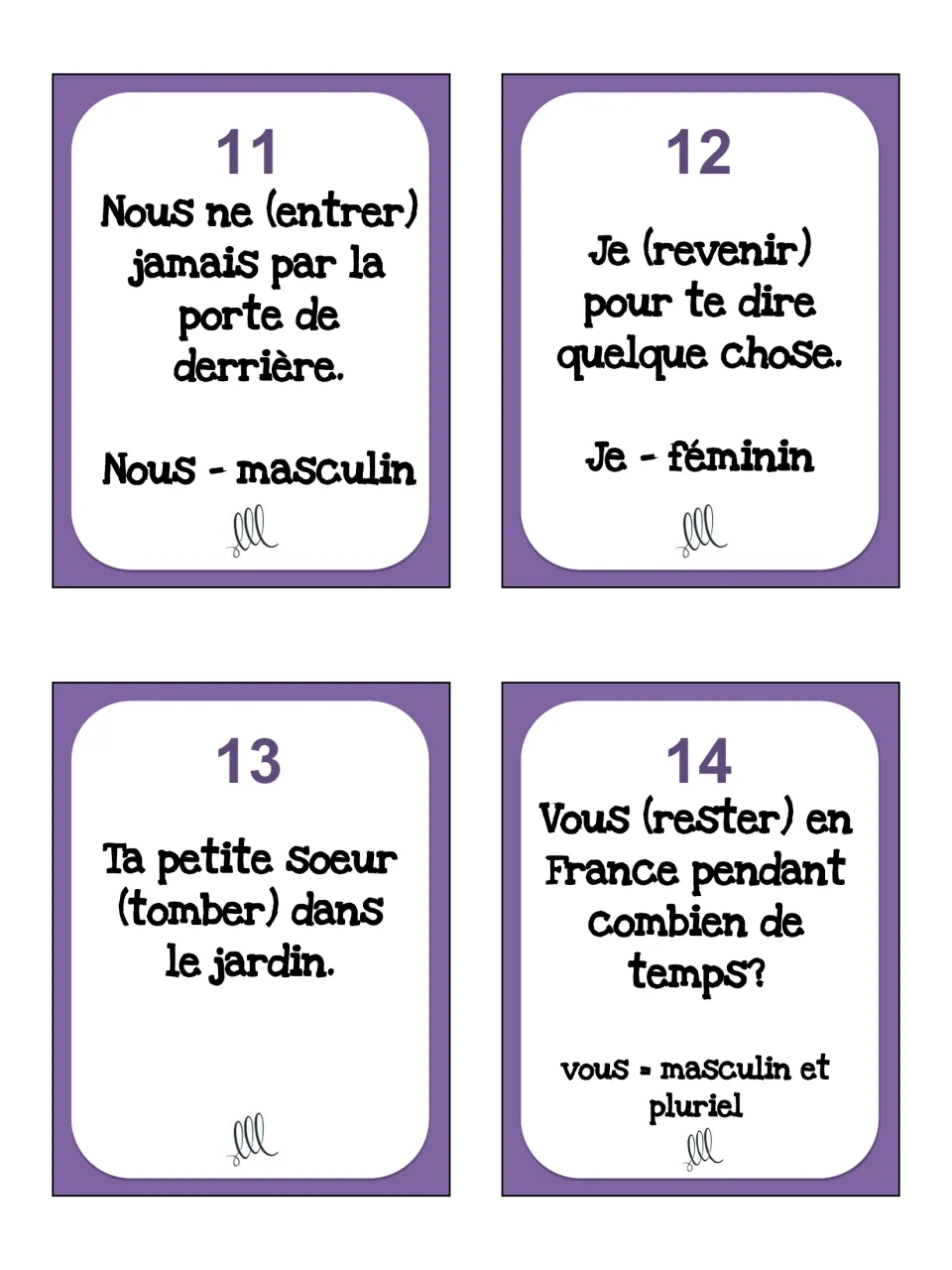 Passé composé task cards 11–14: entrer (enter), revenir (come back), tomber (fall), and rester (stay)