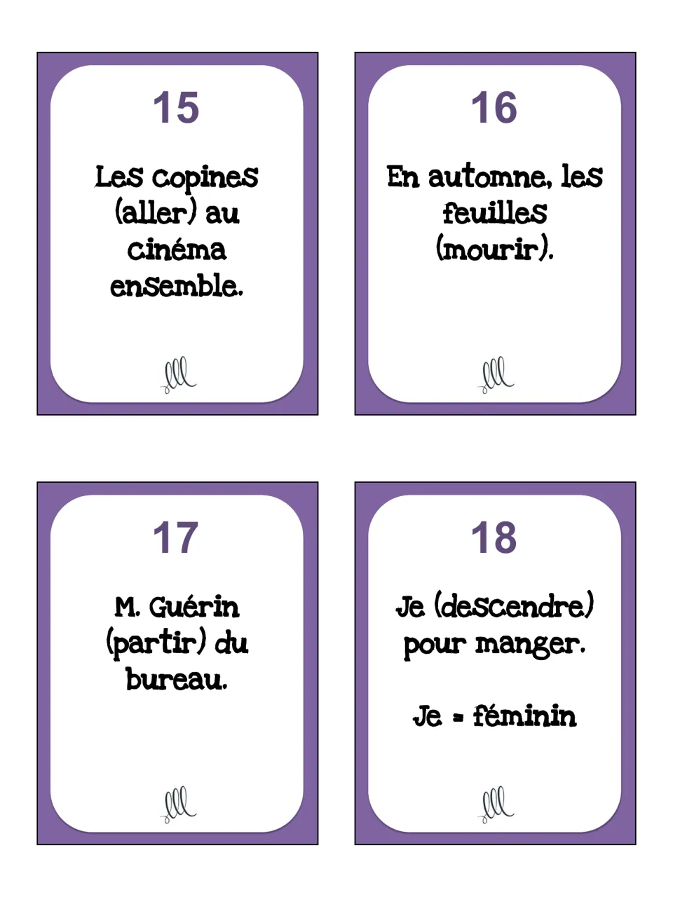 Passé composé task cards 15–18: aller (go), mourir (die), partir (leave), and descendre (go down)