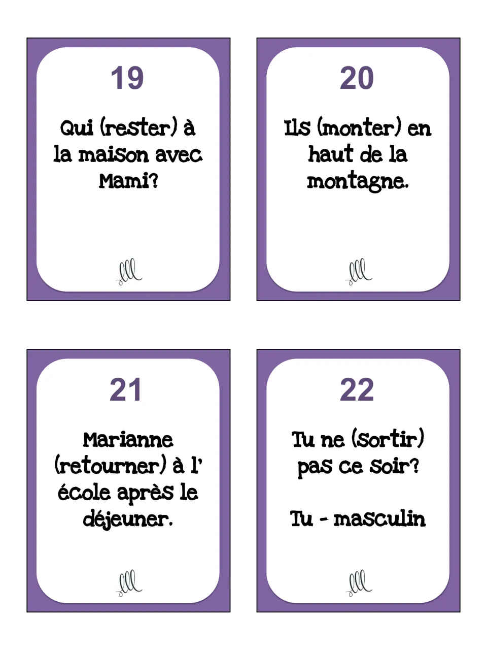Passé composé task cards 19–22: rester (stay), monter (go up), retourner (return), and sortir (go out)