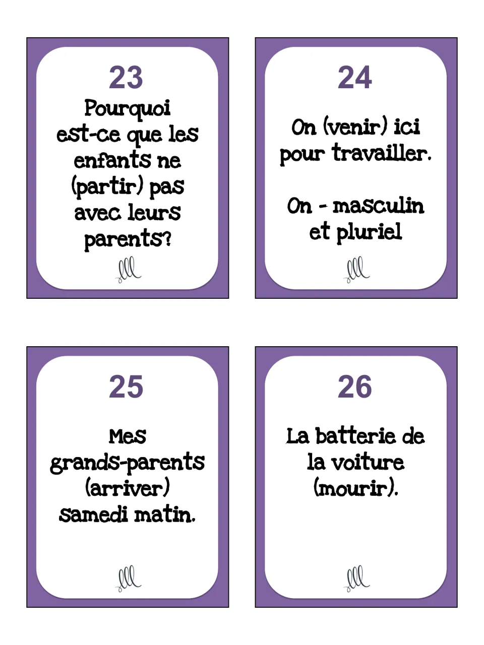 Passé composé task cards 23–26: partir (leave), venir (come), arriver (arrive), and mourir (die)