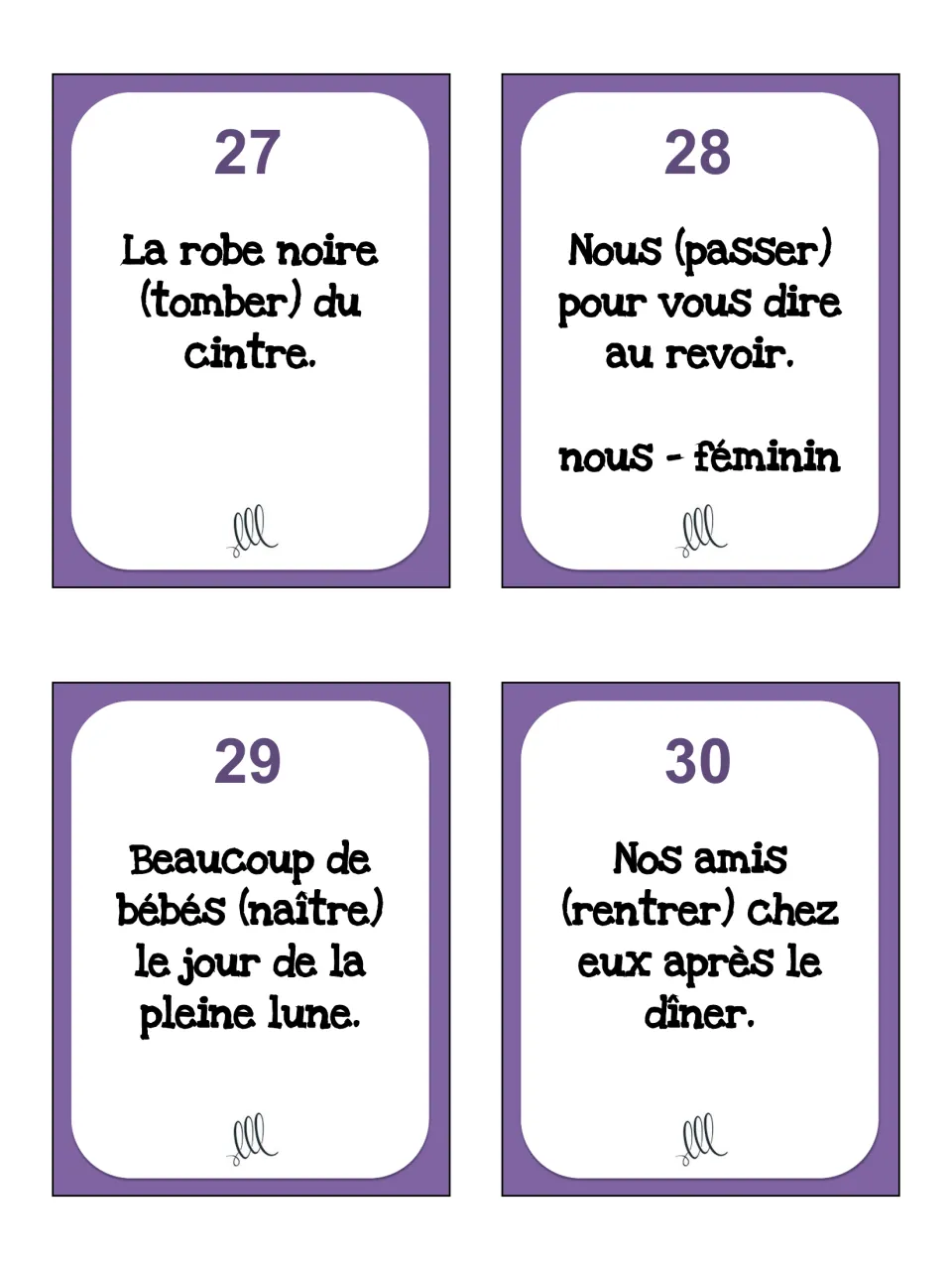 Passé composé task cards 27–30: tomber (fall), passer (stop by), naître (be born), and rentrer (go home)