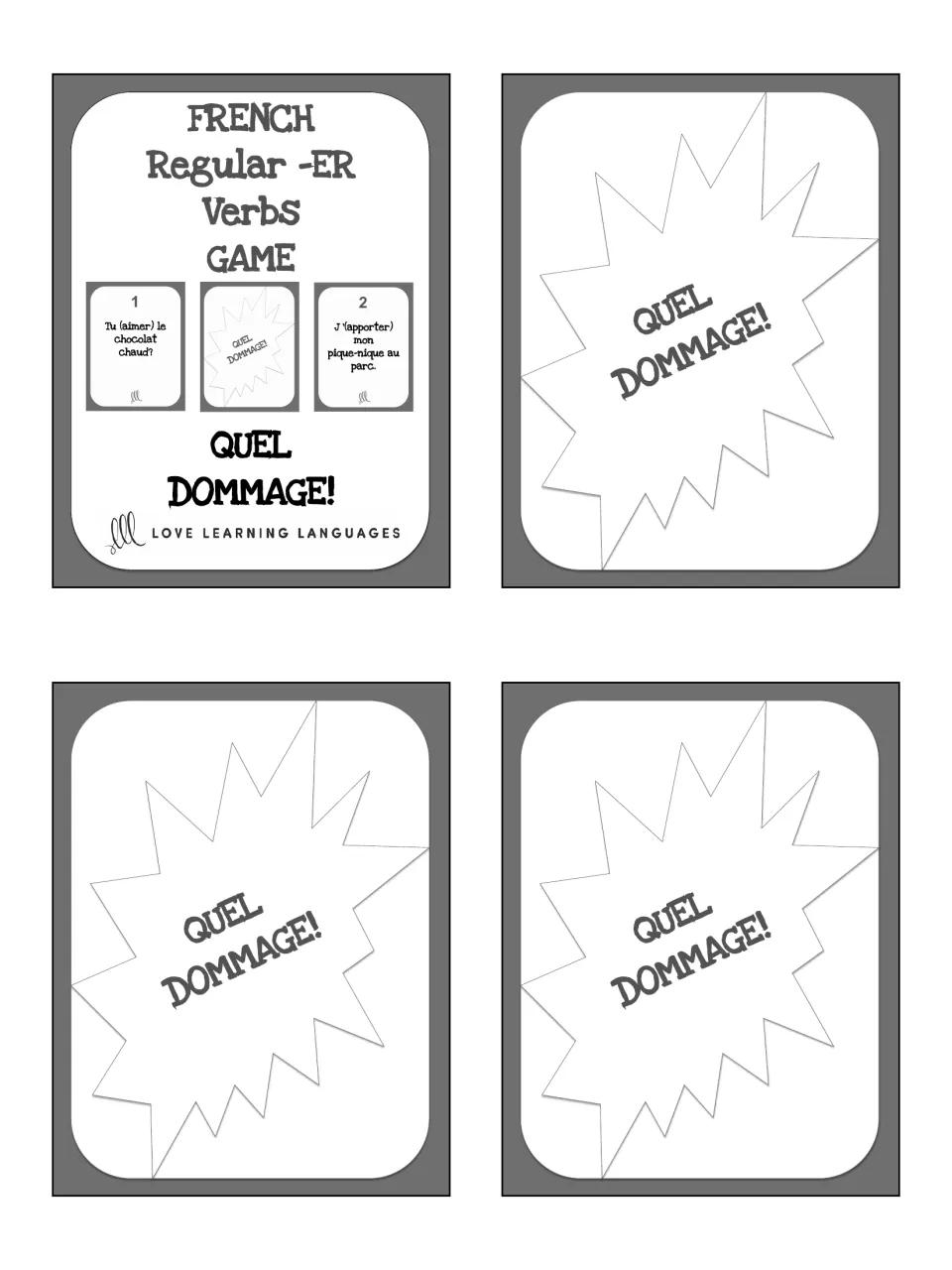 Quel Dommage French regular -ER verbs game cover card, shown with three 'Quel Dommage!' cards on the same sheet