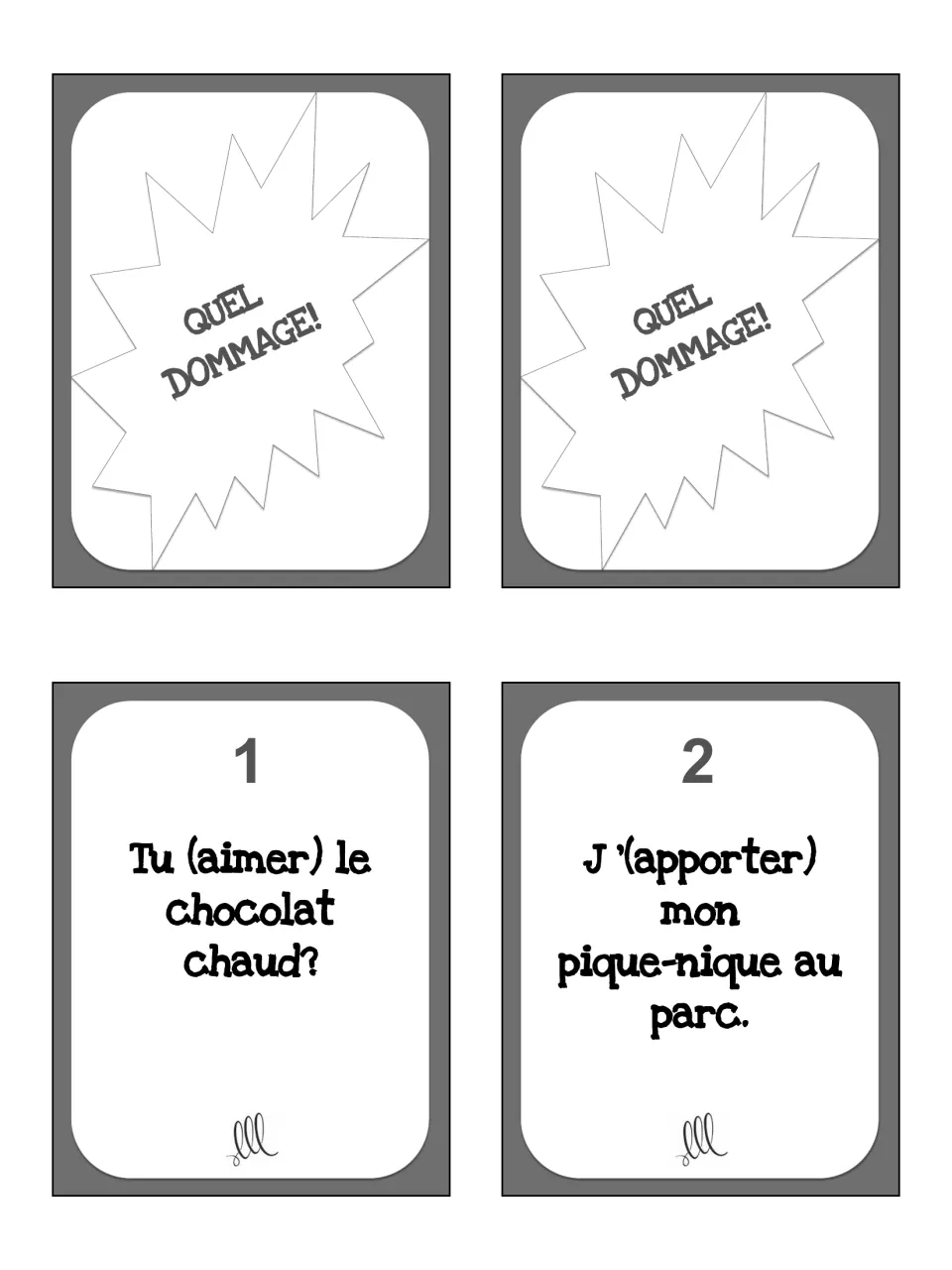 Task cards 1–2, 'Tu (aimer) le chocolat chaud?' and 'J'(apporter) mon pique-nique', plus two Quel Dommage! cards