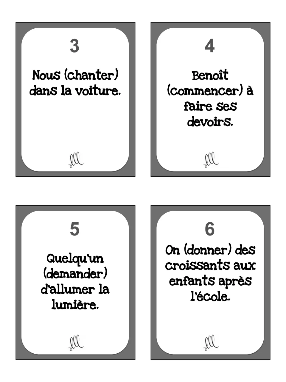 ER verb task cards 3–6 to conjugate: Nous (chanter), Benoît (commencer), Quelqu'un (demander), On (donner)