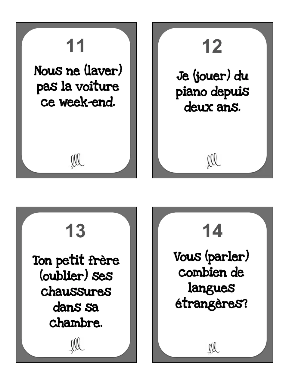 Sentence cards 11–14 for the verbs laver (wash), jouer (play), oublier (forget) and parler (speak)
