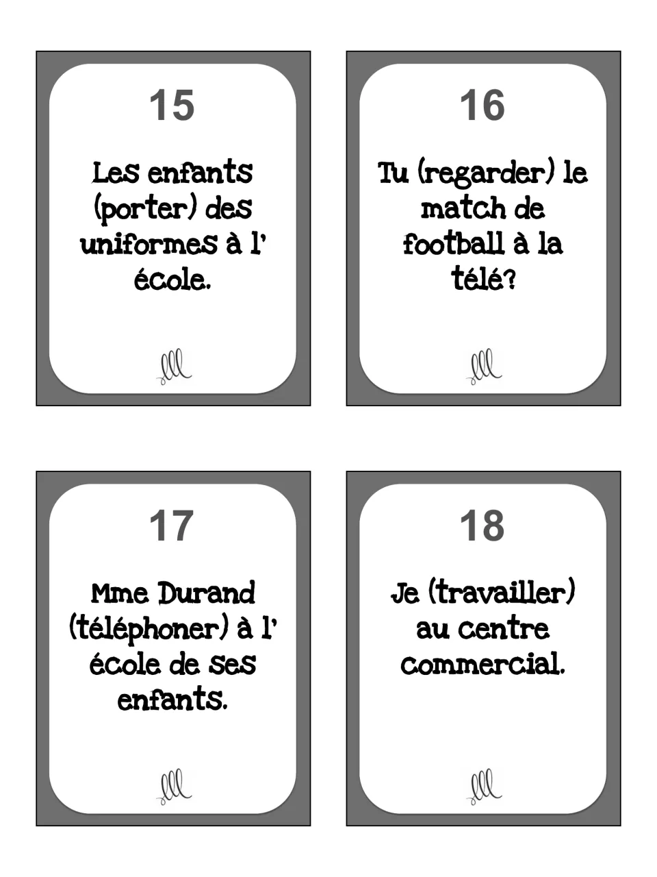Sentence cards 15–18 for porter (wear), regarder (watch), téléphoner (call) and travailler (work)