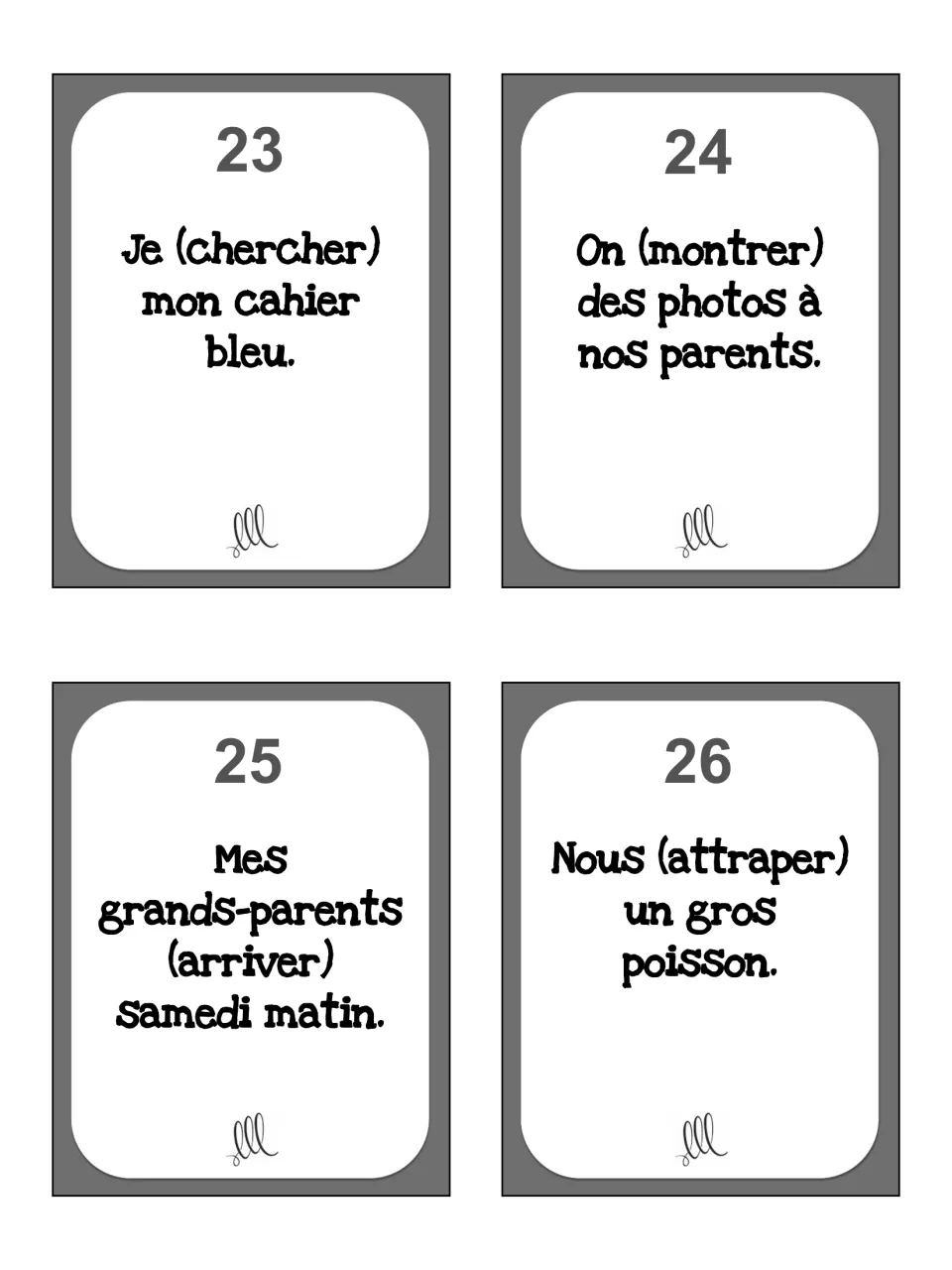 Sentence cards 23–26 for chercher (look for), montrer (show), arriver (arrive) and attraper (catch)