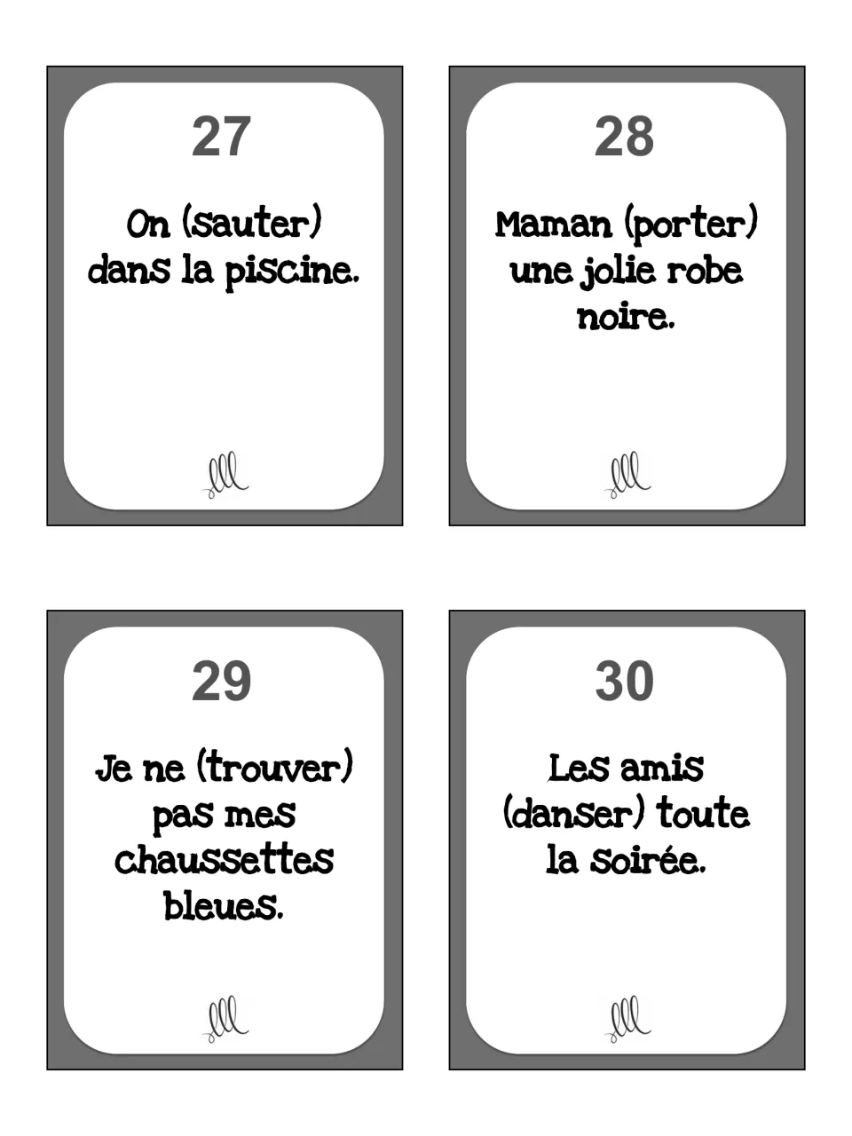 Last task cards 27–30: On (sauter) dans la piscine, Maman (porter), Je ne (trouver) pas, Les amis (danser)
