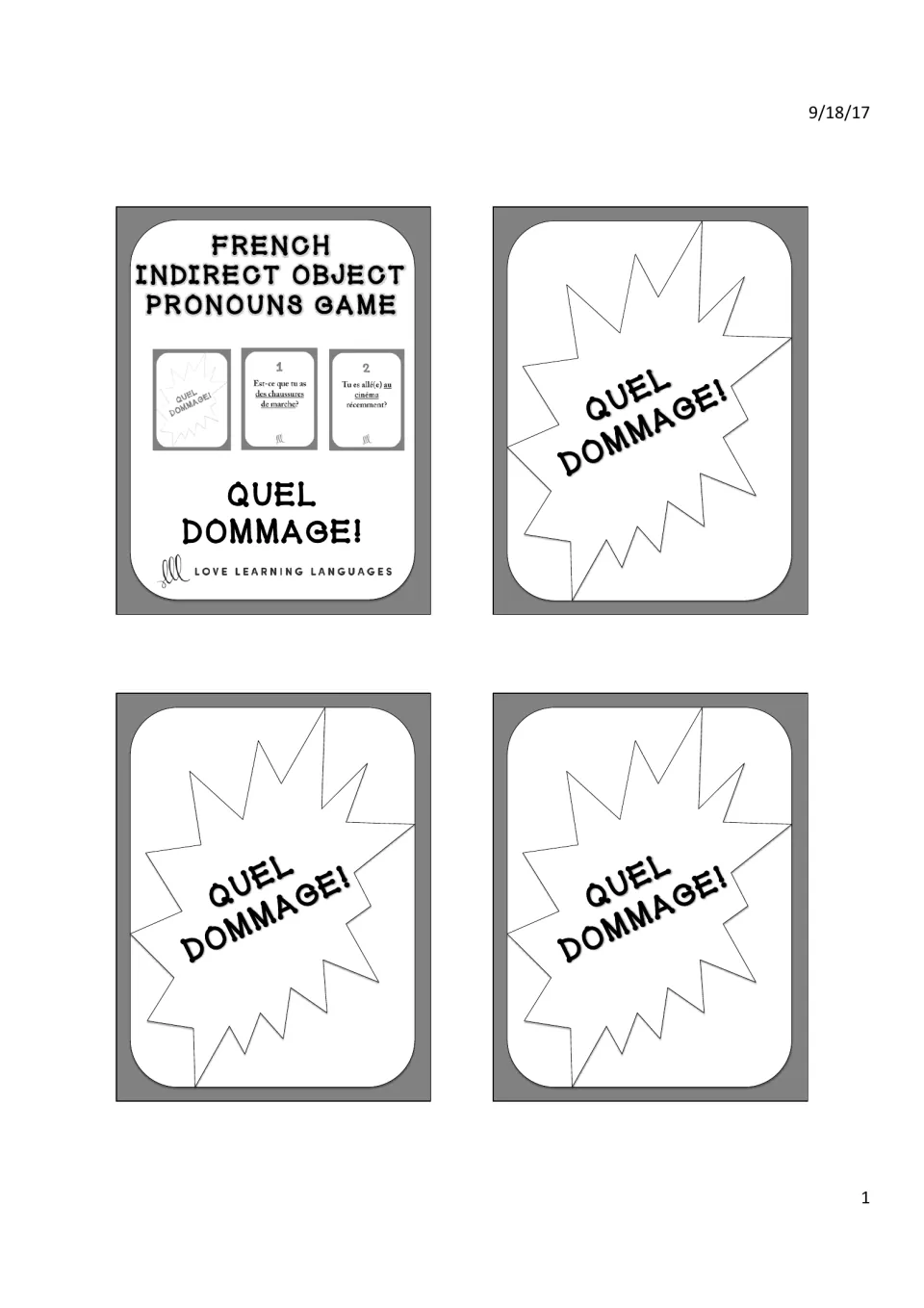 French pronoun game title card and three “Quel dommage!” (What a shame!) cards for the y and en game