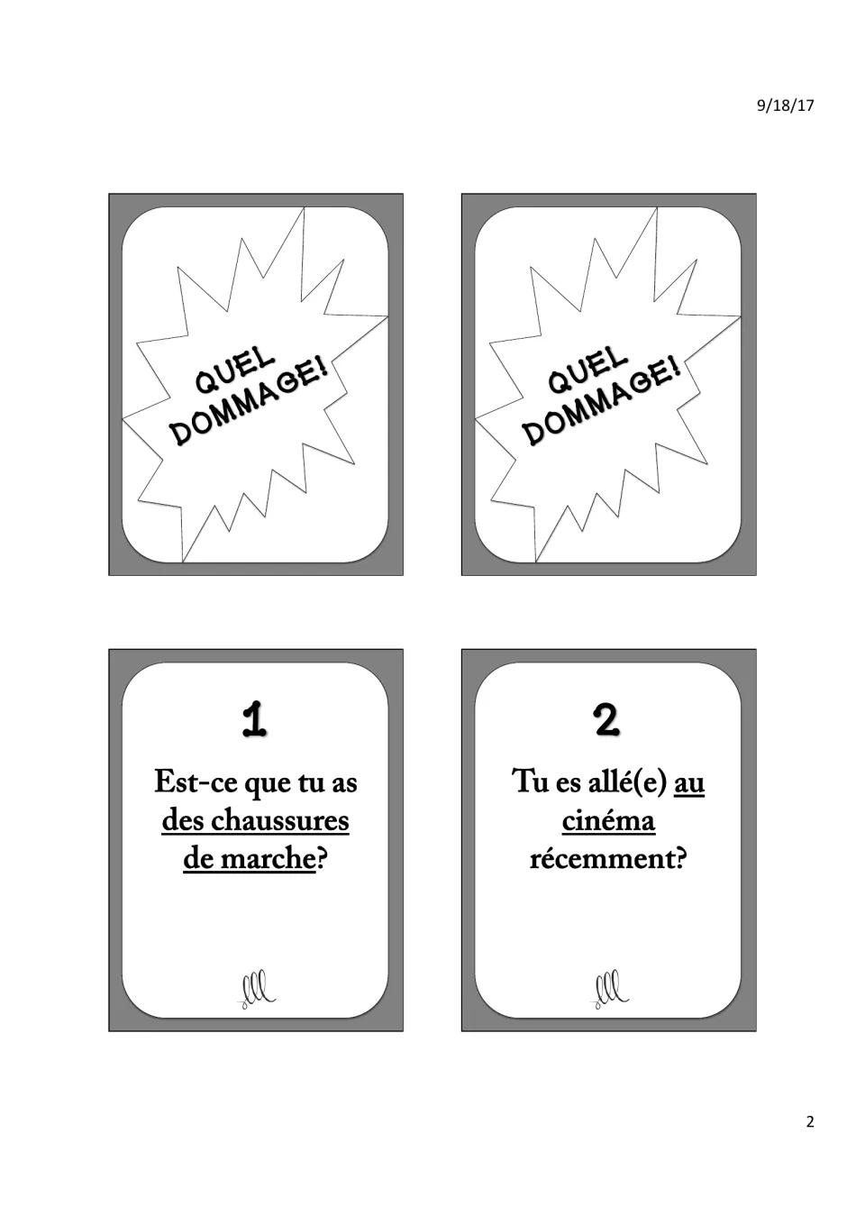French pronoun game cards 1–2 ask about walking shoes and going to the movies, beside two “Quel dommage!” cards