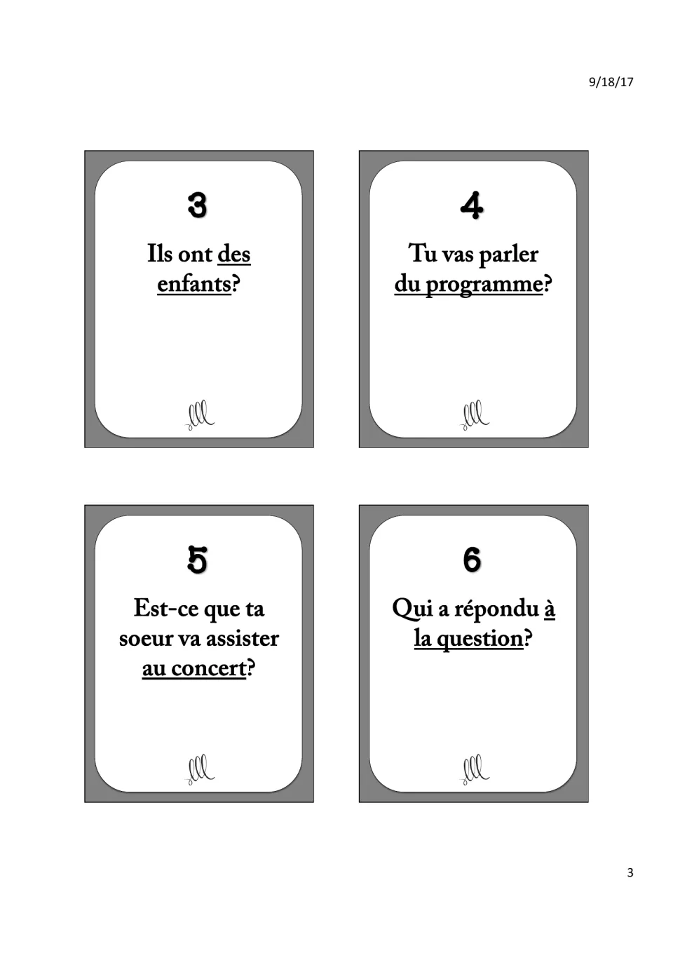 French pronoun game cards 3–6 ask about children, discussing the program, concert attendance, and an answer