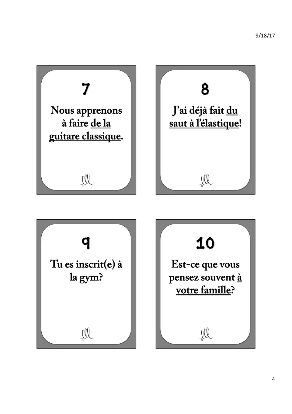 French pronoun game cards 7–10 cover classical guitar, bungee jumping, gym enrollment, and thinking of family