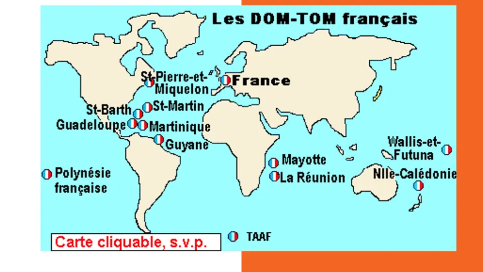 French lesson map locates Guadeloupe, Martinique, French Guiana, Réunion, and other French overseas places.