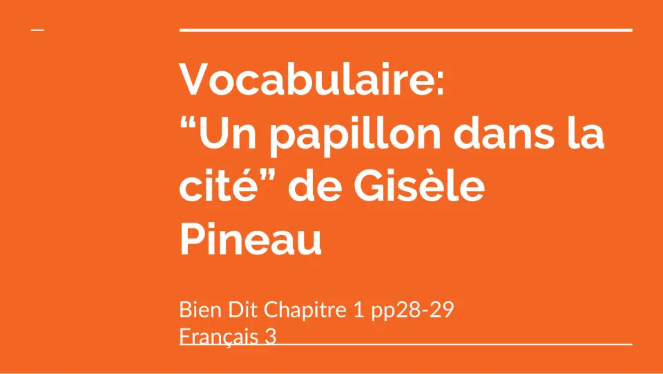 Vocabulary section title slide names the novel and author and references Bien Dit Chapter 1, pages 28–29.