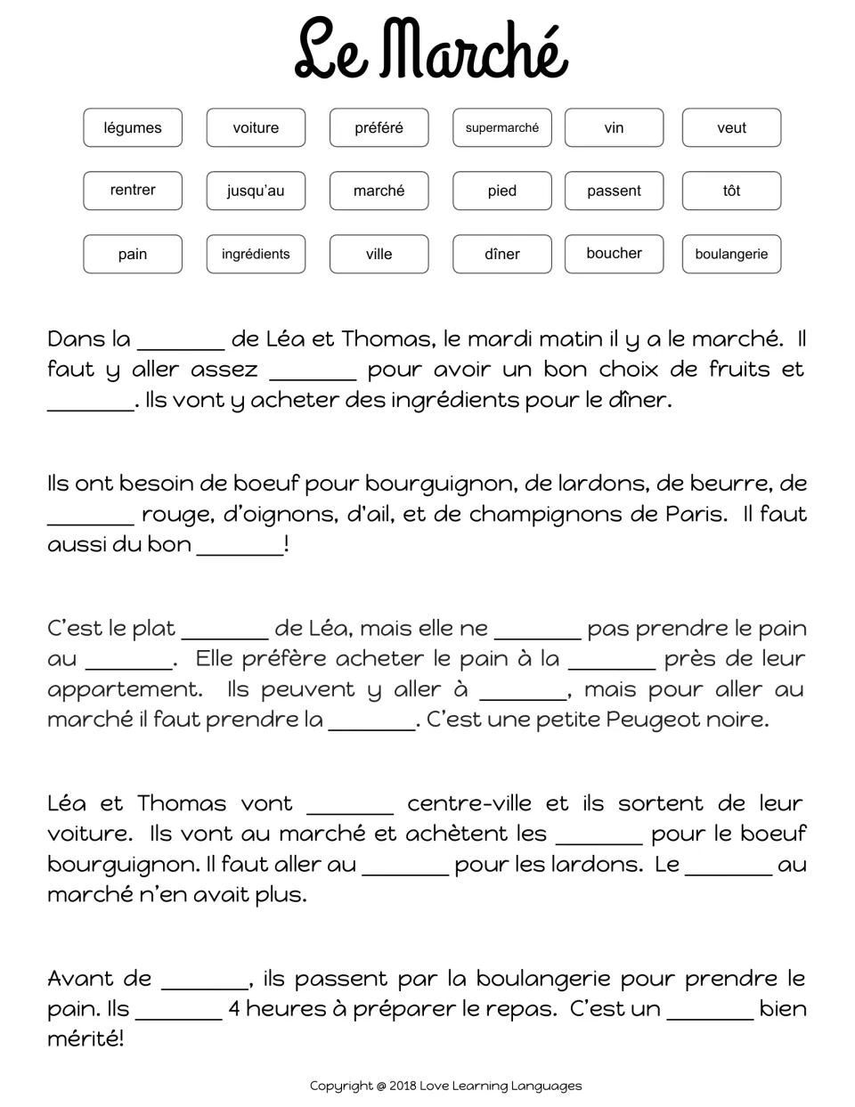 Le Marché cloze: students fill 18 blanks in a French story about Léa and Thomas shopping for dinner using a word bank