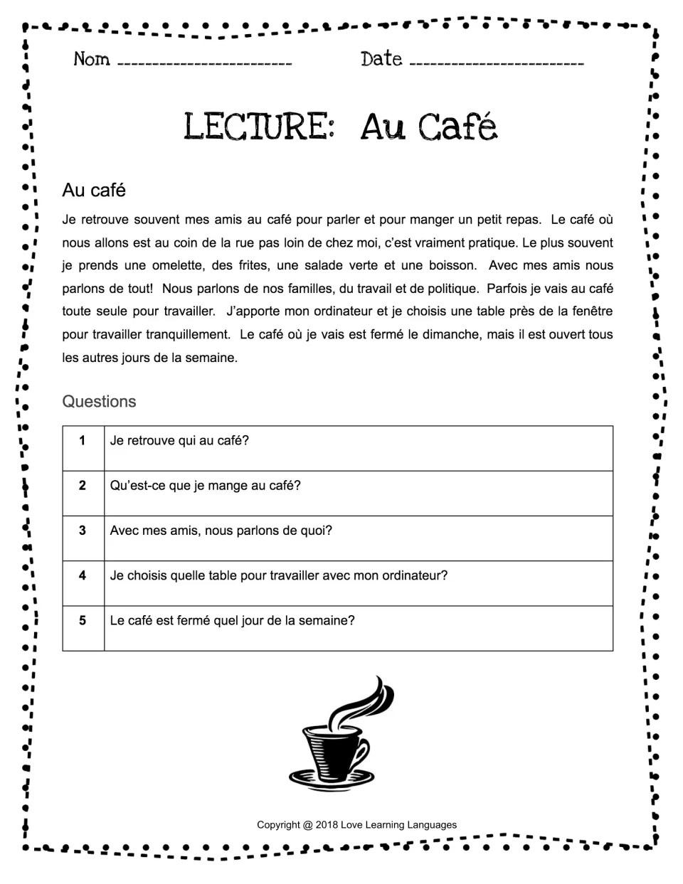 French reading passage Au café (At the café) about meals and meeting friends, with five comprehension questions.