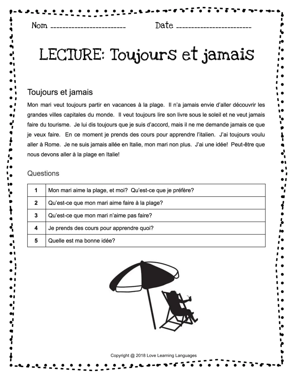 French reading 'Toujours et jamais' (always and never): a short beach-vacation text with 5 comprehension questions