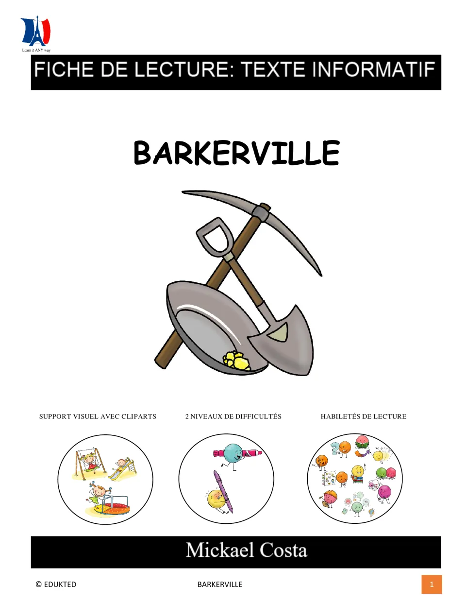 Cover of the Barkerville French reading packet, identifying informational text and two difficulty levels